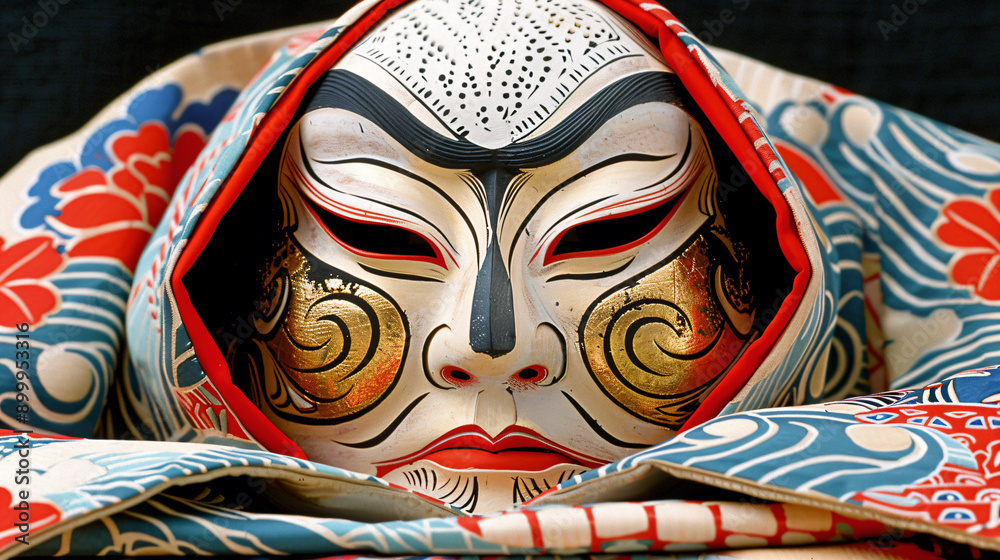 Traditional Japanese Kabuki Mask with Vibrant Kimono Traditional Japanese Kabuki Mask with Vibrant Kimono
