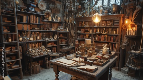 An antique study room featuring walls lined with bookshelves filled with old books and various scientific instruments on a central table. The warm light and cluttered yet organized setting create an