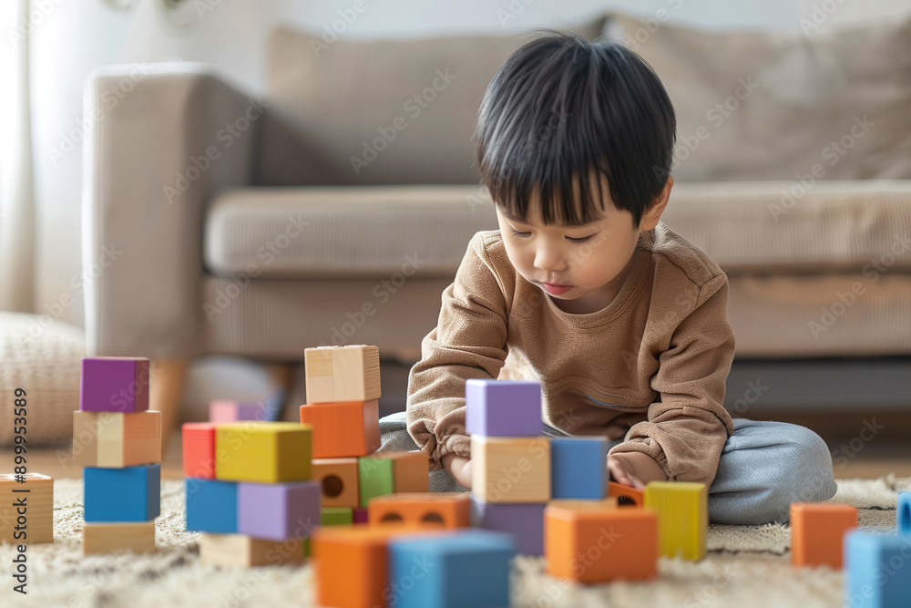 A young boy is playing with a large pile of wooden blocks. A young boy is playing with a large pile of wooden blocks.