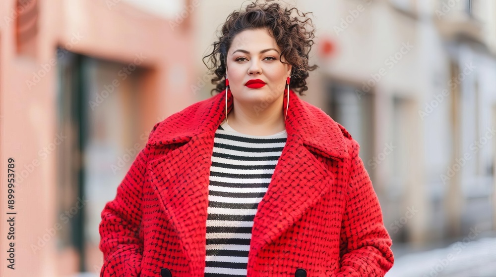 Plus-size model in chic coat, wintery street, body positivity, seasonal fashion Plus-size model in chic coat, wintery street, body positivity, seasonal fashion