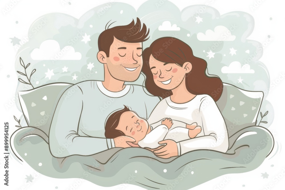 Obraz premium Cozy family portrait with baby warm lighting highlighting love and connection in a rustic intimate setting