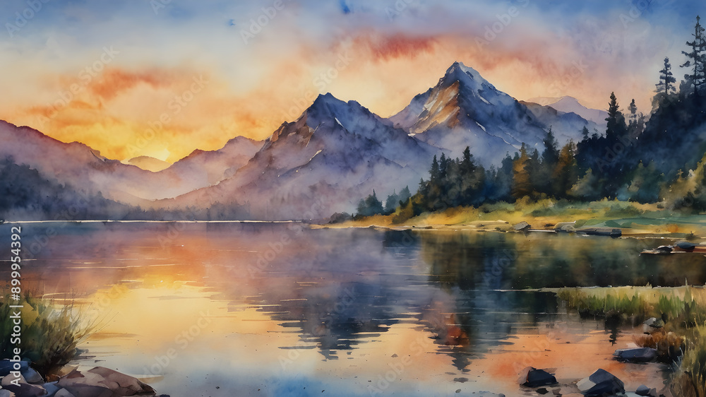 Fototapeta premium Mountain stream and forest landscape oil painting. Generative AI