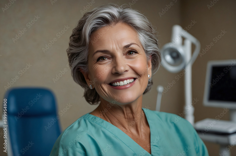 Fototapeta premium An old woman at a dentist appointment. Stamological services.