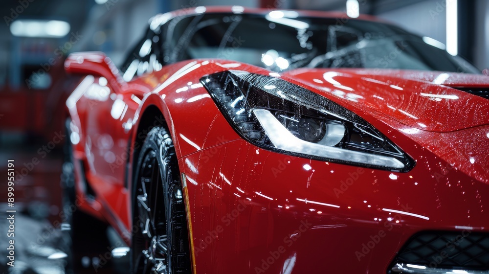 Naklejka premium Ceramic coating application at car detailing studio or car wash. 
