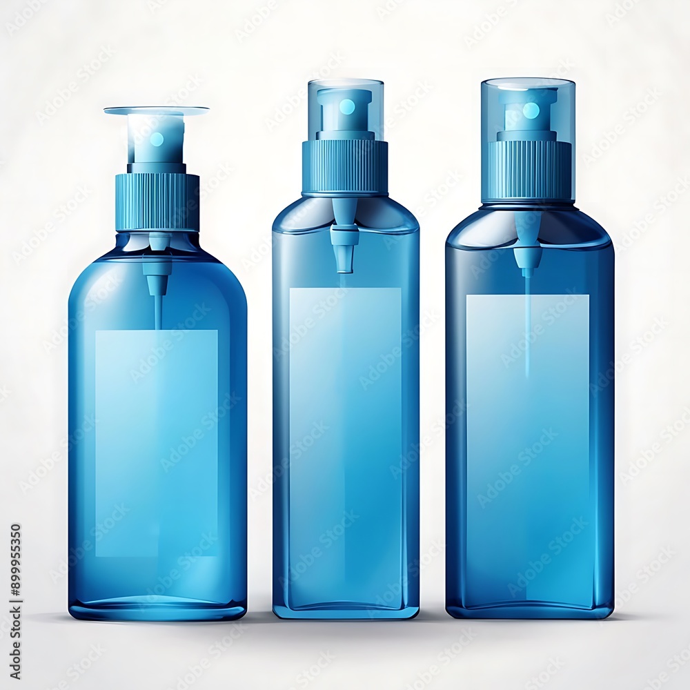 three blue bottles with soap and lotion on them three blue bottles with soap and lotion on them
