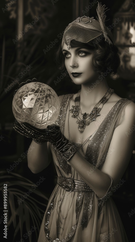 A vintage-styled woman wearing a headpiece and gloves, captured in sepia tones, holds a decorative crystal orb while dressed in elegant attire with layered jewelry in a historic setting.