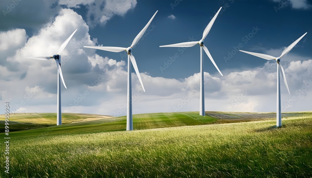 green meadow with several white wind turbines turning in the breeze, perfect for themes of renewable energy and sustainable living in harmony with nature green meadow with several white wind turbines turning in the breeze, perfect for themes of renewable energy and sustainable living in harmony with nature