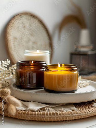 Candles at glass jars, soft atmosphere, on the table