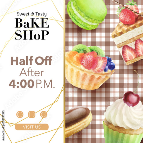 Bake shop social media sale banner template. Trendy dessert watercolor vector  Illustrations on vintage tablecloth backgrounds.
