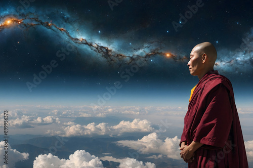 A Tibetan monk meditates against the background of the starry sky.