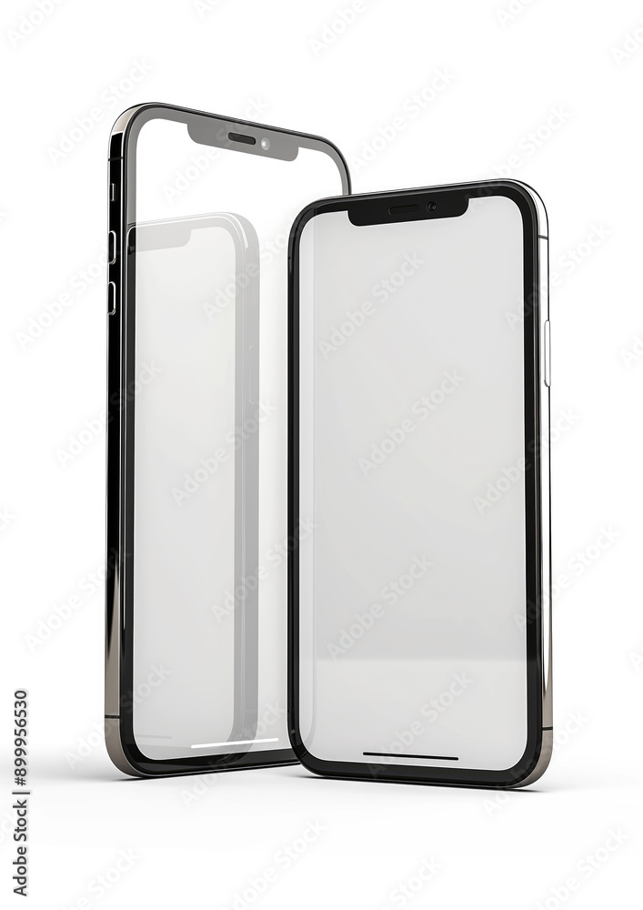 Two sleek, blank-screen smartphone mockups on a neutral surface, perfect for showcasing UI designs. Two sleek, blank-screen smartphone mockups on a neutral surface, perfect for showcasing UI designs.