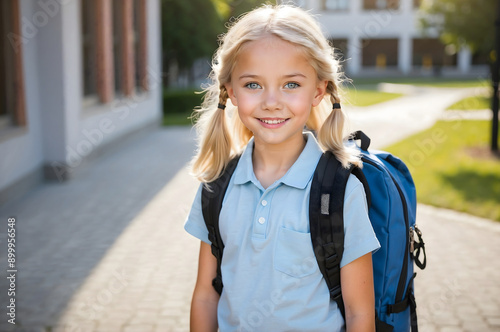 A schoolgirl girl goes to school with a backpack. © Александр Поташев