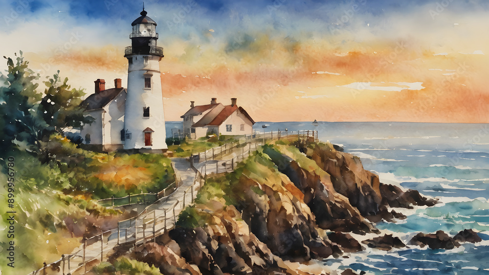Oil painting lighthouse landscape. Generative AI Oil painting lighthouse landscape. Generative AI