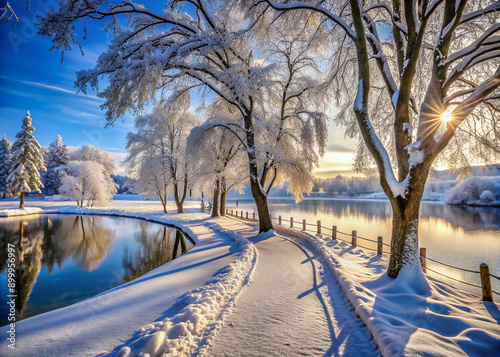 Snow-covered trees and frozen lake provide a serene winter backdrop for a romantic stroll, with footprints leading along a winding park path. photo