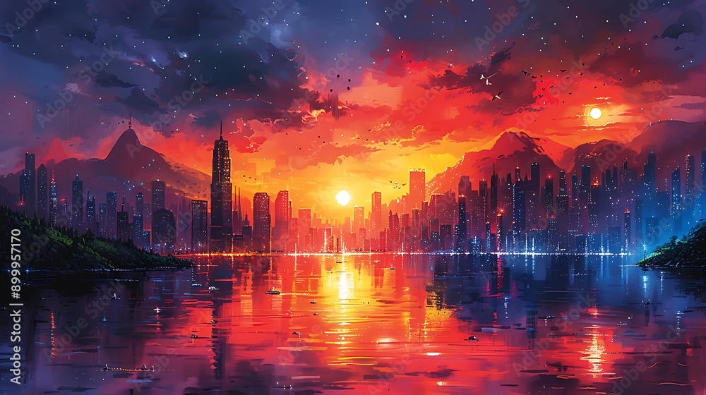 a sunset over a city. a sunset over a city.