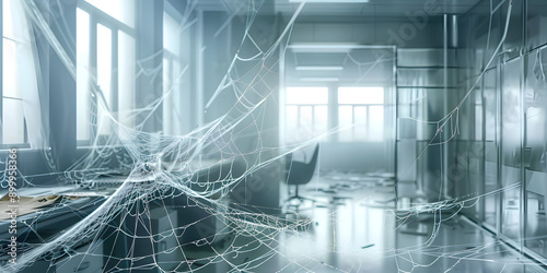 Vacant office with spider webs symbolizes labor shortage and lack of skilled staff. Concept Labor shortage, Skilled staff, Office vacancy, Spider webs, Symbolism