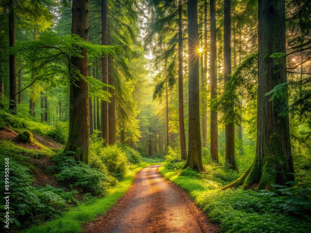 Serene forest scene featuring a winding dirt path surrounded by lush greenery and towering trees, evoking a sense of peaceful contemplation and solitude. Serene forest scene featuring a winding dirt path surrounded by lush greenery and towering trees, evoking a sense of peaceful contemplation and solitude.