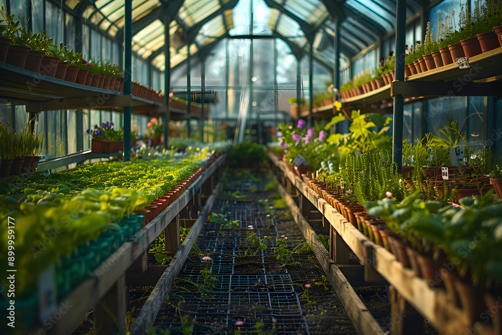 A large greenhouse with raised beds features healthy green plants, illuminated by incoming natural light. A large greenhouse with raised beds features healthy green plants, illuminated by incoming natural light.