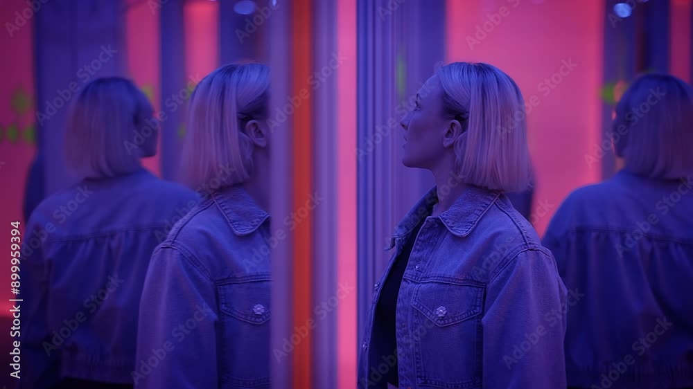 Woman exploring a mirror maze with neon lights creating an enigmatic and immersive atmosphere