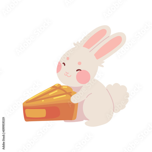 cute rabbit with on sliced mooncake