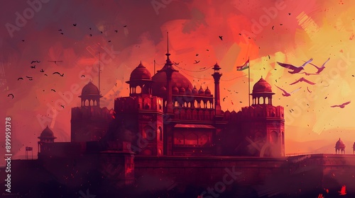 Atmospheric digital rendering of the Red Fort at dusk with flying birds photo