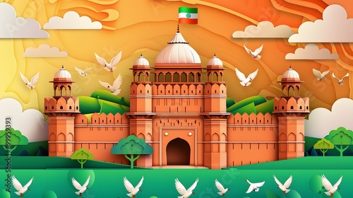 Graphic design of the Red Fort surrounded by doves celebrating freedom photo