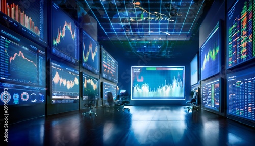 A high-tech trading floor where AI algorithms and big data analytics drive financial insights, enabling real-time decision-making and market analysis. photo