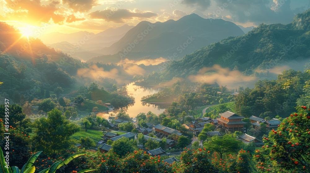 soft sunlight and lens flare, modern digital landscape art with Rak Thai Village's tea plantations, nestled in the mountains soft sunlight and lens flare, modern digital landscape art with Rak Thai Village's tea plantations, nestled in the mountains