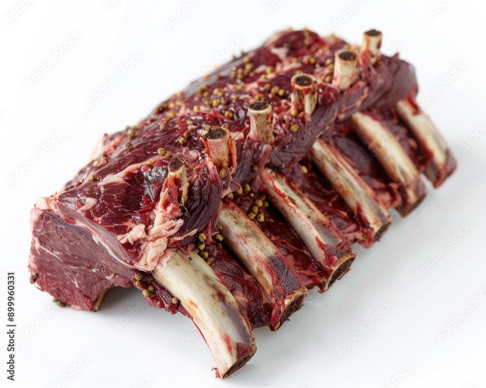 Prime Cut: Raw Venison Rack with Bones and Marbling on White Background, Showcasing Quality and Texture
