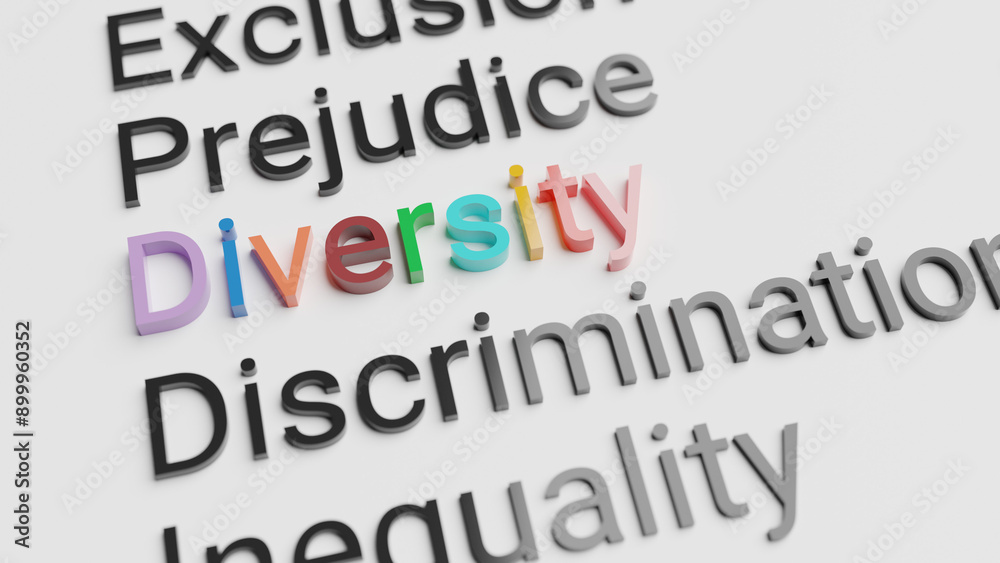 Colorful 3D text of diversity, surrounded by negative words in black: exclusion, prejudice, discrimation, inequality, DEI concept Colorful 3D text of diversity, surrounded by negative words in black: exclusion, prejudice, discrimation, inequality, DEI concept