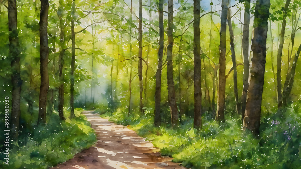 Fototapeta premium Dirt road in the forest in oil painting. Generative AI