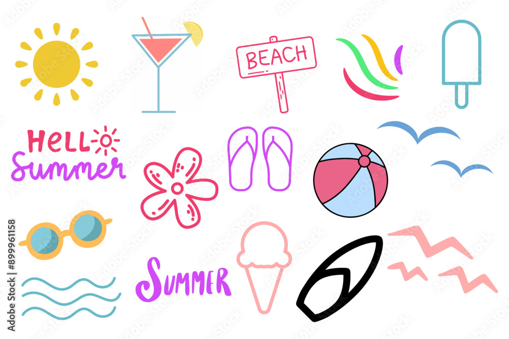 set of summer icons  ,summer, ice cream,sun,bird, beach slippaers, sunglasses,sea ball,surf board,beach,hello summer
