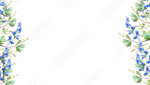 Fototapeta Naklejka Na Ścianę i Meble -  watercolor purple and blue flower with leaves Delphinium Flower with branch and leaves isolated on white background, corner border