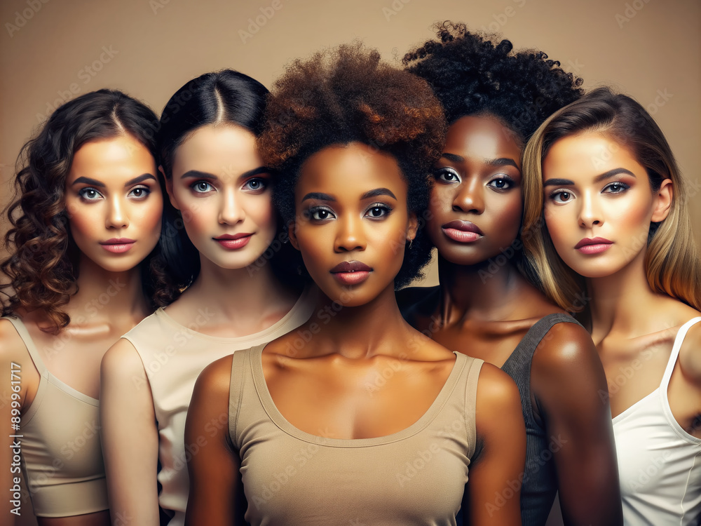 Obraz premium Portrait of five diverse confident women in a row with varied skin tones and hairstyles looking at the camera with a calm expression.