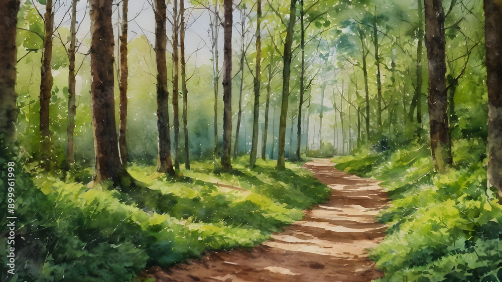 Fototapeta premium Dirt road in the forest in oil painting. Generative AI
