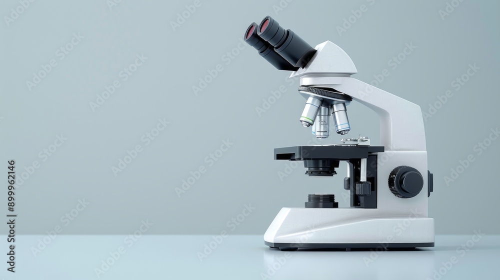 Lab microscope on a table, ready for scientific research and analysis with a clean blue grey background, ideal for scientific or medical themes Lab microscope on a table, ready for scientific research and analysis with a clean blue grey background, ideal for scientific or medical themes