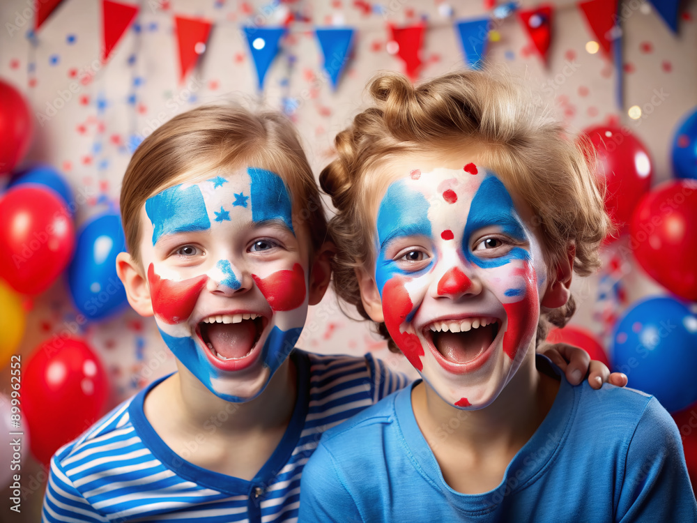 Vibrant blue and red face paint smears adorn a festive party backdrop, evoking a sense of national pride and joyful celebration, sans human presence. Vibrant blue and red face paint smears adorn a festive party backdrop, evoking a sense of national pride and joyful celebration, sans human presence.