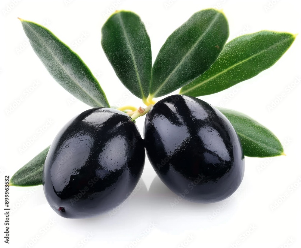black olives on a branch with leaves on a white background black olives on a branch with leaves on a white background