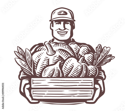 Farmer holding wooden crate with fresh vegetables. Organic farm food. Hand drawn vector illustration