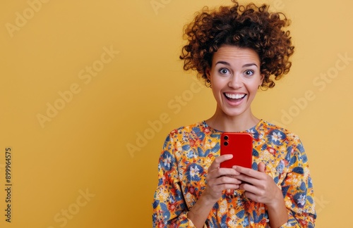 Excited Woman Looking at Phone in Front of Yellow Background