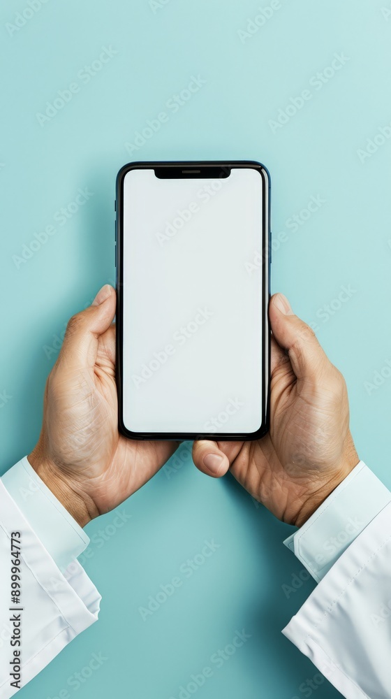 Doctor holding a smartphone with a blank screen against a blue background, representing digital healthcare. Medical professional demonstrating mobile health technology