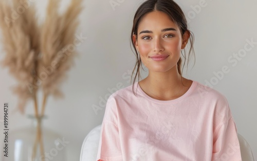 Woman Sitting Indoors in Pink Shirt