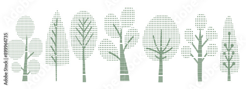 Abstract halftone design green plant leaves and flower. Vector graphic element. Tree, bush, and shrubbery silhouette. Half tone texture and simple decoration create eco, botanical garden poster