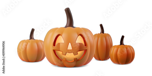 Halloween Jack o Lantern. Carved pumpkin with funny glowing smiling face. 3d cute spooky orange gourd character, party decor, sticker png. Vector cartoon illustration isolated on white background.