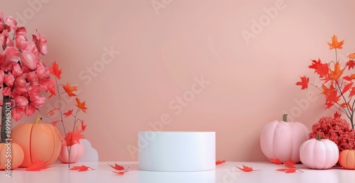 Autumn Product Display With Pumpkins and Leaves