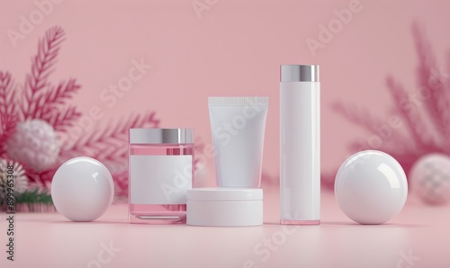 Skincare Products on Pink Background With Ornamental Plants
