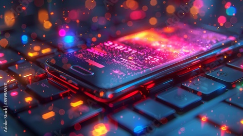 Futuristic 3D Stock Exchange Scene with Mobile Phone, Chart, Numbers, and Trading Options