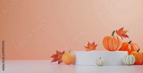 Autumn Product Display With Pumpkins and Leaves