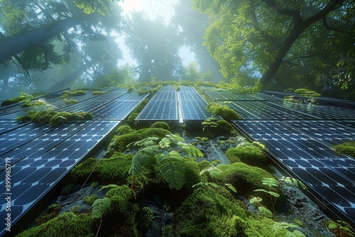 Numerous solar panels are installed in a forest setting, blending with lush greenery and moss, illustrating the balance and coexistence of modern renewable technologies with natural environments. photo