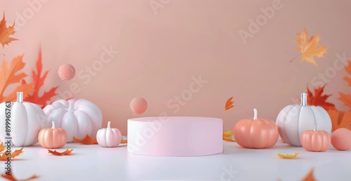 Autumn Product Display With Pumpkins and Leaves